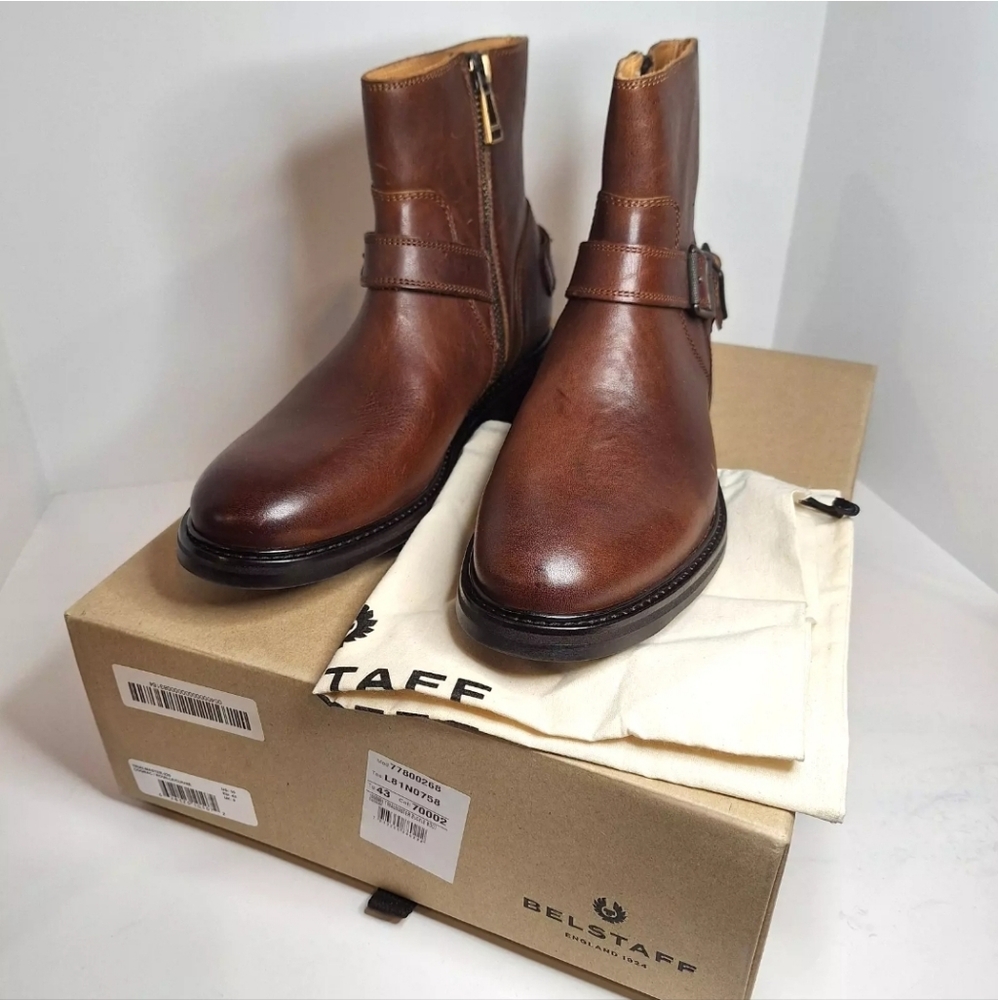 Belstaff Boots Mens Size 10 Brown Cognac Trialmaster Buckle Zip Moto Biker NEW